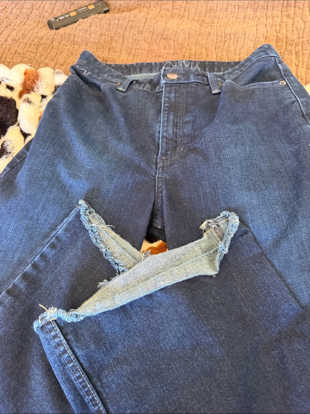 Kimes Ranch Dark Blue Wide Leg Jeans with Frayed Hem